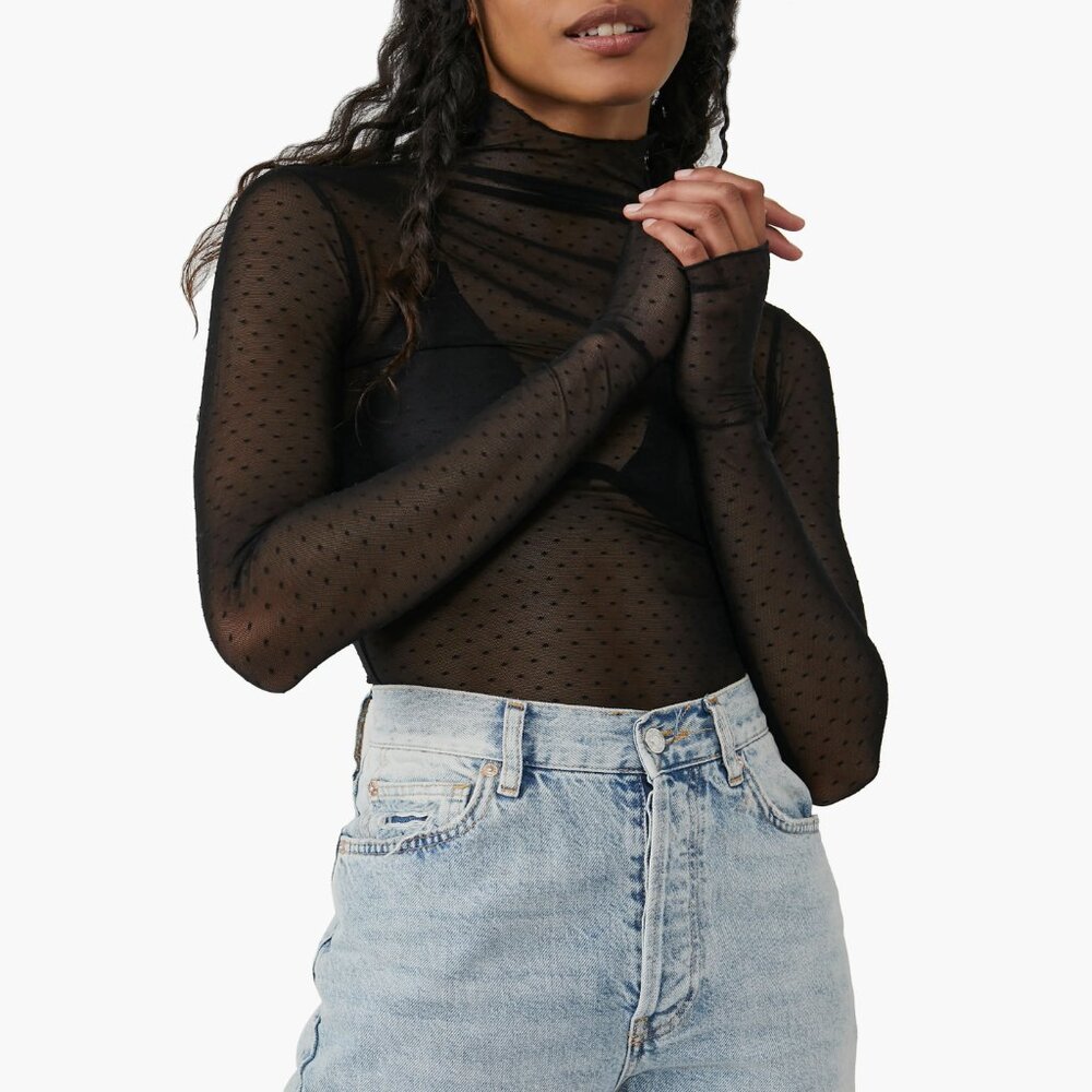 Free People On the Dot Layering Mesh Turtleneck - Black - Size S - NWOT
